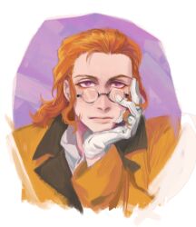 1boy border brown_hair brown_jacket classicaloid closed_mouth forehead franz_schubert_(classicaloid) freckles glasses gloves hand_on_own_face jacket long_sleeves looking_ahead male_focus pink_eyes purple_background round_eyewear sf_jd short_hair solo white_border white_gloves