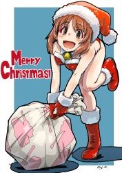Rule 34 | 1girl, :d, absurdres, artist name, bell, bent over, bikini, blue background, boots, breasts, brown eyes, brown hair, christmas, collar, commentary, detached collar, english text, fur-trimmed bikini, fur-trimmed gloves, fur trim, girls und panzer, gloves, hat, highres, holding, holding sack, holly, kuroneko douji, leaning forward, leg up, looking at viewer, medium breasts, merry christmas, neck bell, nishizumi miho, official alternate costume, open mouth, outside border, red bikini, red footwear, red gloves, red hat, sack, santa bikini, santa boots, santa gloves, santa hat, shadow, short hair, signature, smile, solo, standing, standing on one leg, swimsuit, tank print, white collar