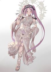 Rule 34 | 1girl, blush, choker, closed mouth, dated, dress, fate/grand order, fate (series), fingernails, frilled choker, frills, gradient background, grey background, highres, jewelry, long hair, maid headdress, nao (syn eaa), navel, purple eyes, purple hair, ring, see-through, signature, smile, solo, stheno (fate), stheno (third ascension) (fate), twintails, very long hair, white background, white dress