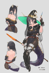 Rule 34 | 1girl, absurdres, artist name, bare shoulders, belt, belt buckle, black capelet, black hair, black pantyhose, boots, breasts, buckle, capelet, character sheet, cleavage, commentary request, concept art, cross-section, dated, dragon girl, dragon horns, dragon tail, dress, fingerless gloves, full body, gloves, gold trim, grey background, grin, hair over one eye, hat, highres, holding, holding staff, holding wand, horns, horns through headwear, large breasts, leather, leather boots, long hair, looking at viewer, multiple views, n9+, off-shoulder dress, off shoulder, open mouth, original, pantyhose, pelvic curtain, pointy ears, purple dress, purple hair, red eyes, sharp teeth, shin strap, side slit, simple background, sketch, smile, staff, standing, straight hair, strap, tail, teeth, thigh boots, thigh strap, thighhighs, very long hair, wand, witch, witch hat