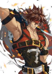 Rule 34 | 1boy, armpits, brown hair, clenched teeth, fadingz, guilty gear, hair between eyes, headband, highres, holding, holding sword, holding weapon, looking at viewer, male focus, muscular, muscular male, orange eyes, pixiv id, red headband, short hair, signature, smile, sol badguy, solo, sword, teeth, weapon