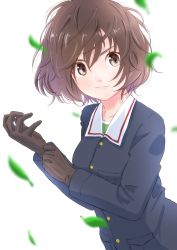 Rule 34 | 1girl, absurdres, adjusting clothes, adjusting gloves, akiyama yukari, black gloves, blue jacket, blurry, blurry foreground, brown eyes, brown hair, closed mouth, commentary, depth of field, girls und panzer, gloves, green shirt, highres, jacket, leaf, long sleeves, looking at viewer, messy hair, military, military uniform, ooarai military uniform, oze (xyz go go11), shirt, short hair, simple background, smile, solo, standing, uniform, upper body, white background, wind