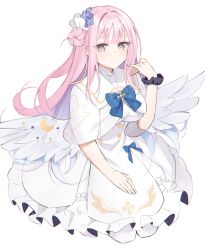Rule 34 | 1girl, absurdres, anientte, black scrunchie, blue archive, blue bow, bow, breasts, capelet, closed mouth, commentary, dress, feathered wings, frilled dress, frills, hair bun, hand up, highres, large breasts, long hair, looking at viewer, mika (blue archive), pink hair, scrunchie, simple background, single side bun, smile, solo, white background, white capelet, white dress, white wings, wings, wrist scrunchie, yellow eyes