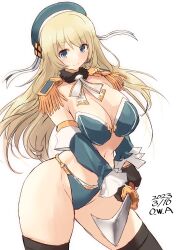 Rule 34 | 1girl, alternate costume, armor, ascot, atago (kancolle), beret, bikini, bikini armor, black gloves, black thighhighs, blonde hair, blue bikini, blue hat, breasts, dated, detached sleeves, epaulettes, fur collar, gloves, green eyes, hat, highres, holding, holding sword, holding weapon, kantai collection, katana, large breasts, long hair, looking at viewer, owa (ishtail), solo, swimsuit, sword, thighhighs, twitter username, weapon