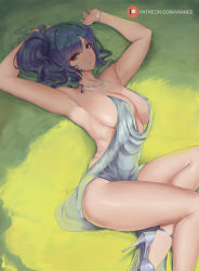 Rule 34 | 1girl, anklet, araneesama, armpits, arms up, azur lane, bare shoulders, blue hair, bracelet, breasts, cleavage, commentary, covered erect nipples, dress, earrings, glint, grass, hair between eyes, high heels, highres, jewelry, large breasts, looking at viewer, lying, medium hair, necklace, official alternate costume, on grass, parted bangs, parted lips, patreon username, pink eyes, ponytail, sleeveless, sleeveless dress, solo, st. louis (azur lane), st. louis (luxurious wheels) (azur lane), thighs, white footwear