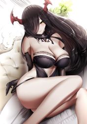 Rule 34 | 1girl, alternate costume, azur lane, bare shoulders, black hair, blush, breasts, cleavage, elbow gloves, friedrich der grosse (azur lane), gdat, gloves, hair over one eye, highres, horn ornament, horns, indoors, large breasts, long hair, looking at viewer, mechanical horns, on bed, plant, red horns, sitting, smile, solo, thighs, very long hair, yellow eyes