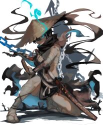 Rule 34 | 1girl, ajirogasa, bandages, black hair, black rock shooter, black rock shooter (character), chain, chest sarashi, closed mouth, fighting stance, flaming eye, hat, highres, kneeling, looking at viewer, mutomorokoshi, planted, planted sword, planted weapon, sandals, sarashi, sheath, simple background, solo, stitches, sword, tabi, twintails, uneven twintails, unsheathing, weapon, white background