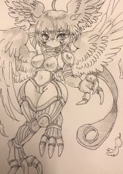 Rule 34 | 00s, 1girl, absurdres, artist request, breasts, claws, curvy, digimon, elbow gloves, eyelashes, feathers, female focus, gauntlets, gloves, harpy, head wings, high collar, highleg, highleg panties, highres, large breasts, mask, midriff, monster girl, navel, panties, plump, revealing clothes, scan, shutumon, thighhighs, thong, traditional media, underwear, wide hips, wings