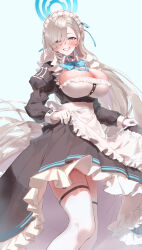 Rule 34 | 1girl, absurdres, apron, asuna (blue archive), black choker, black dress, blue archive, blue bow, blue bowtie, blue eyes, blue halo, blue ribbon, blush, bow, bowtie, breasts, choker, cleavage, dress, eshineko, feet out of frame, frilled apron, frills, gloves, grin, hair over one eye, hair ribbon, halo, highres, juliet sleeves, large breasts, light brown hair, long hair, long sleeves, looking at viewer, maid, maid apron, maid headdress, puffy sleeves, ribbon, smile, solo, thighhighs, very long hair, white apron, white gloves, white thighhighs