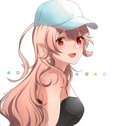 Rule 34 | 1girl, alternate costume, bad id, bad twitter id, baseball cap, corrin (female) (fire emblem), corrin (fire emblem), fire emblem, fire emblem fates, from side, hat, long hair, looking to the side, niko (aiai03012), nintendo, open mouth, pointy ears, red eyes, simple background, solo, twitter username, upper body, white background, white hair