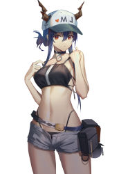 Rule 34 | 1girl, absurdres, arknights, baseball cap, belt pouch, bikini, bikini under clothes, bilibilida, black bikini, black choker, blue hair, breasts, ch&#039;en (arknights), ch'en (arknights), chinese commentary, choker, closed mouth, commentary request, cowboy shot, dragon horns, female tourist c (arknights), grey shorts, hair between eyes, hands up, hat, highleg, highleg bikini, highres, horns, horns through headwear, long hair, looking at viewer, medium breasts, navel, official alternate costume, pouch, red eyes, short shorts, shorts, simple background, solo, standing, stomach, swimsuit, white background, white hat