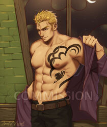 Rule 34 | 1boy, abs, absurdres, annlu vazzel, bara, bare pectorals, blonde hair, chest tattoo, commentary, crescent moon, english commentary, fairy tail, feet out of frame, highres, huge eyebrows, indoors, large pectorals, laxus dreyar, long sideburns, looking at viewer, male focus, moon, muscular, muscular male, night, night sky, nipples, open clothes, open shirt, pectorals, seductive smile, short hair, sideburns, sky, smile, solo, spiked hair, standing, star (sky), starry sky, stomach, tattoo, thick eyebrows, undressing