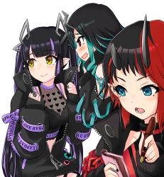 Rule 34 | 3girls, black gloves, black hair, black jacket, black shirt, blue eyes, blue hair, blunt bangs, blush, breasts, cleavage, clothing cutout, commentary request, crop top, cross-laced clothes, cross-laced sleeves, demon girl, demon horns, ear chain, ear piercing, gloves, highres, holding, holding pen, horns, jacket, jewelry, jyaco, kojo anna, kojo anna (1st costume), long hair, long sleeves, medium breasts, multicolored hair, multiple girls, nanashi inc., notebook, open clothes, open jacket, open mouth, partially fingerless gloves, pen, piercing, pointy ears, purple hair, red eyes, red hair, ring, ryugasaki rene, ryugasaki rene (1st costume), see-through, see-through cleavage, shirt, shishio chris, short hair, shoulder cutout, simple background, skirt, sleeveless, sleeveless shirt, smile, sugar lyric, transparent background, twintails, two-tone hair, upper body, virtual youtuber, walking, wavy mouth, yellow eyes