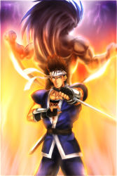 Rule 34 | adk, back muscles, behind another, brown eyes, brown hair, burning, fire, fire, gloves, hanzo (world heroes), headband, looking at viewer, male focus, muscular, neo dio, neo geo, ninja, penzoom, short sword, shoulder blades, shoulder pads, snk, spiked hair, sword, thunder, weapon, world heroes