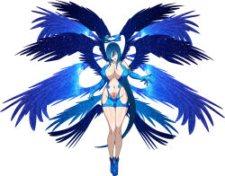 Rule 34 | 1girl, absurdres, bird wings, blue hair, blue wings, breasts, feathered wings, hair between eyes, halo, high school dxd, highres, kalawarner, large breasts, large wings, long hair, low wings, mini wings, multiple wings, solo, stomach tattoo, tattoo, very long hair, wings, yellow eyes, yxyyxy