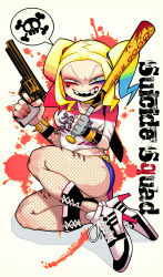 Rule 34 | 1girl, baseball bat, blonde hair, blue hair, boots, bracelet, breasts, choker, copyright name, dc comics, english text, fingerless gloves, fishnets, gloves, green eyes, grin, gun, handgun, harley quinn, heart, high heel boots, high heels, jewelry, looking at viewer, makeup, medium breasts, multicolored hair, nail polish, red hair, revolver, sakurai energy, sharp teeth, single glove, skull and crossbones, smile, solo, speech bubble, spiked bracelet, spikes, suicide squad, tally, teeth, thighs, twintails, weapon