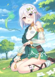 Rule 34 | 1girl, :d, antenna hair, bare shoulders, blue sky, blush, breasts, bridal gauntlets, brown footwear, cloud, commentary request, day, dress, flower, grass, green dress, green sleeves, hair between eyes, hair flower, hair ornament, hajime kaname, highres, kokkoro (princess connect!), long sleeves, looking at viewer, on grass, open mouth, outdoors, pointy ears, princess connect!, puffy long sleeves, puffy sleeves, red eyes, sandals, see-through, see-through sleeves, shoe soles, silver hair, sitting, sky, sleeveless, sleeveless dress, small breasts, smile, solo, tree, wariza, white flower