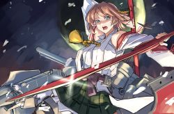 Rule 34 | 1girl, blue eyes, brown hair, cannon, detached sleeves, dual wielding, flipped hair, frilled skirt, frills, green skirt, hairband, headgear, hiei (kancolle), hiei kai ni (kancolle), highres, holding, holding sword, holding weapon, japanese clothes, kantai collection, nontraditional miko, panda (heart sink), plaid, plaid skirt, popped collar, ribbon-trimmed sleeves, ribbon trim, rigging, short hair, skirt, solo, sword, turret, weapon