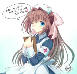 Rule 34 | 1girl, alternate costume, apron, armband, artist name, asakura otome, back bow, blue dress, blue eyes, blush, bow, breasts, brown hair, clipboard, commentary request, cross, da capo, da capo ii, dress, gradient background, green background, hair between eyes, hair bow, hair intakes, hat, highres, holding, holding clipboard, kayura yuka, long hair, looking at viewer, nurse, nurse cap, one eye closed, pink bow, red cross, signature, small breasts, smile, solo, translation request, white background