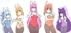 animal_ears artist_name blonde_hair blue_eyes blue_hair blush breasts brown_hair cleavage cypher_05 fake_animal_ears feathers fins fish_tail flat_chest gawr_gura hair_ornament hololive hololive_english large_breasts leotard long_hair medium_breasts mole mole_on_breast mori_calliope multicolored_hair multiple_girls ninomae_ina&#039;nis pantyhose playboy_bunny rabbit_ears rabbit_tail shark_girl shark_tail shirt short_hair silhouette simple_background small_breasts standing strapless strapless_leotard tail takanashi_kiara virtual_youtuber watson_amelia white_background white_shirt wrist_cuffs