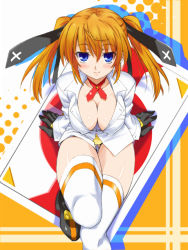 Rule 34 | 00s, 1girl, black gloves, blonde hair, blue eyes, blush, breasts, cleavage, gloves, large breasts, long hair, looking at viewer, lyrical nanoha, mahou shoujo lyrical nanoha, mahou shoujo lyrical nanoha strikers, no pants, oyama (artist), oyama (fortune pandora), panties, solo, teana lanster, thigh gap, thighhighs, twintails, underwear, white thighhighs, yellow panties