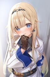 Rule 34 | 0707 una, 1girl, absurdres, aizawa ema, armband, belt, blonde hair, blue eyes, blush, commentary request, earrings, gloves, hair ornament, highres, jewelry, long hair, looking at viewer, open mouth, solo, uniform, virtual youtuber, vspo!