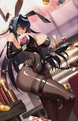 Rule 34 | 1girl, annerose vajra, black gloves, black hair, black leotard, blush, breasts, card, chain, clenched teeth, cluseller, collar, covered erect nipples, covered navel, cup, drinking glass, gloves, hair between eyes, hair intakes, indoors, koutetsu no majo anneroze, large breasts, leotard, long hair, looking at viewer, side-tie leotard, skindentation, solo, standing, standing on one leg, table, teeth, thigh strap, tray, wine glass, wrist cuffs, yellow eyes