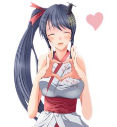 Rule 34 | 10s, 1girl, alternate hairstyle, bare shoulders, blush, breasts, closed eyes, fusou (kancolle), hair ornament, heart, heart hands, highres, kantai collection, kurosumisuzuri, large breasts, long hair, obi, open mouth, sash, side ponytail, simple background, solo, very long hair, white background