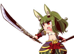 Rule 34 | 1girl, :o, animal ear fluff, animal ears, bandeau, bell, blush, breasts, brown eyes, brown sleeves, detached sleeves, etrian odyssey, green hair, green pants, high ponytail, holding, holding sword, holding weapon, jingle bell, long hair, long sleeves, masurao (sekaiju), naga u, navel, open mouth, pants, ponytail, puffy pants, rabbit ears, sidelocks, simple background, small breasts, solo, sword, teeth, upper teeth only, v-shaped eyebrows, weapon, white background, white bandeau