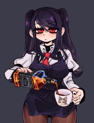 1girl black_background black_pantyhose bottle breasts cup highres holding holding_bottle holding_cup jack_daniel&#039;s jill_stingray kecchi0 large_breasts looking_at_viewer necktie pantyhose pencil_skirt pouring purple_hair red_eyes simple_background skirt solo twintails va-11_hall-a vest