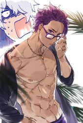 Rule 34 | 2boys, abs, beach, bracelet, fate/grand order, fate (series), father and son, galahad (fate), grand dobu, hair over one eye, highres, jewelry, lancelot (fate/grand order), male focus, multiple boys, navel, nipples, off shoulder, purple eyes, purple hair, shaded face, silver hair, solo focus, sunglasses, surprised, sweat, tan, toned, toned male, upper body