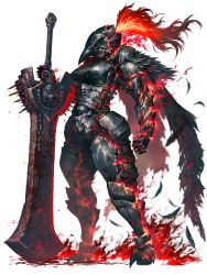 Rule 34 | 1girl, arm armor, armor, black feathers, blood, blood on clothes, breastplate, breasts, dairoku ryouhei, feathers, fire, full armor, full body, gauntlets, helm, helmet, hetza (hellshock), holding, holding weapon, huge weapon, large breasts, leg armor, oversized object, plume, red fire, red theme, shoulder armor, solo, sword, transparent background, weapon