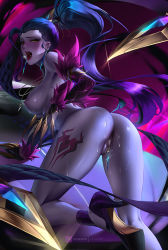 Rule 34 | 1girl, aftersex, all fours, anus, ass, bare shoulders, blue hair, blue skin, blush, breasts, censored, cian yo, claws, clitoris piercing, colored skin, cum, cum in pussy, cumdrip, earrings, evelynn (league of legends), high heels, jewelry, k/da (league of legends), k/da evelynn, leg tattoo, lipstick, looking at viewer, looking back, makeup, mosaic censoring, necklace, nipples, no bra, no panties, open mouth, overwatch, overwatch 1, piercing, ponytail, pussy, pussy piercing, solo, sweat, tattoo, widowmaker (overwatch)