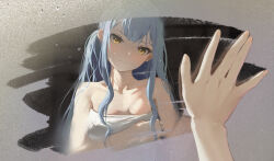 1girl bang_dream! bang_dream!_it&#039;s_mygo!!!!! bare_shoulders blue_hair breasts closed_mouth collarbone commentary english_commentary highres long_hair looking_at_viewer medium_breasts mirror naked_towel reflection reflection_focus sidelocks solo togawa_sakiko towel yellow_eyes zxoy