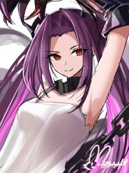 Rule 34 | 1girl, absurdres, adventure galley (azur lane), arm up, armpits, azur lane, bare shoulders, breasts, chain, clawed gauntlets, closed mouth, collar, dress, highres, hisin, long hair, looking at viewer, medium breasts, metal collar, parted bangs, purple hair, red eyes, see-through, see-through dress, signature, simple background, sketch, sleeveless, sleeveless dress, smile, solo, suction cups, tentacles, twintails, upper body, white background, white dress