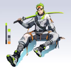 Rule 34 | 1boy, bad id, bad twitter id, belt, black footwear, closed mouth, fingerless gloves, full body, genji (overwatch), gloves, goggles, green eyes, green hair, grey background, hage2013, holding, holding weapon, jacket, katana, overwatch, pants, shoes, short hair, simple background, sitting, sneakers, solo, spiked hair, sword, weapon