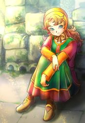 Rule 34 | 1girl, blue eyes, closed mouth, collarbone, colorized, curly hair, dragon quest, dragon quest vii, dress, full body, highres, hood, jewelry, long hair, looking at viewer, maribel (dq7), pekuchin (pekuchin 3), red hair, ring, smile, solo, wandaisuki