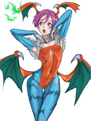 Rule 34 | 1girl, animal print, armpits, arms up, bat print, blue pantyhose, breasts, bridal gauntlets, covered navel, cowboy shot, demon girl, elbow gloves, gloves, head wings, highres, leotard, lilith aensland, low wings, open mouth, pantyhose, print pantyhose, purple hair, red eyes, red leotard, red wings, short hair, simple background, small breasts, solo, vampire (game), white background, wings, xfiro