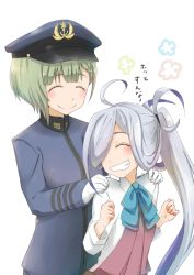 Rule 34 | 10s, 2girls, asashimo (kancolle), b-man, bow, bowtie, closed eyes, closed mouth, female admiral (kancolle), gloves, green hair, grey hair, grin, hair over one eye, hands on another&#039;s shoulders, hat, kantai collection, long hair, long sleeves, military, military uniform, multiple girls, naval uniform, open mouth, peaked cap, school uniform, serafuku, short hair, simple background, smile, translated, uniform, white background, white gloves