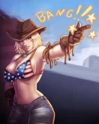 Rule 34 | 1girl, american flag bikini, american flag print, bikini, blonde hair, breasts, brown gloves, cleavage, commentary, cowboy hat, dead or alive, dead or alive 5, denim, english commentary, english text, finger gun, flag print, gloves, hand on own hip, hat, highres, jeans, jewelry, l0ngsword, large breasts, lips, navel, nose, pants, pendant, print bikini, short hair, solo, sound effects, swimsuit, tecmo, tina armstrong, toned