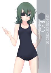 Rule 34 | 1girl, alternate costume, artist name, black one-piece swimsuit, blush, character name, collarbone, commentary request, cowboy shot, eyepatch, eyes visible through hair, flat chest, frown, green eyes, green hair, hair between eyes, hand on own hip, highres, inaba shiki, kantai collection, kiso (kancolle), looking at viewer, new school swimsuit, one-piece swimsuit, one eye covered, parted bangs, school swimsuit, scowl, short hair, simple background, solo, swimsuit, wavy mouth, white background