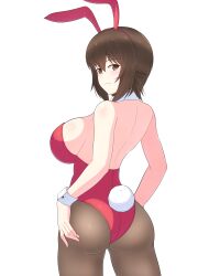 Rule 34 | 1girl, absurdres, animal ears, ass, backless leotard, breasts, brown eyes, brown hair, closed mouth, collar, commentary, cowboy shot, detached collar, fake animal ears, fake tail, from behind, girls und panzer, grey pantyhose, highres, iteza (flapper girl 25), large breasts, leotard, looking at viewer, looking back, nishizumi maho, pantyhose, playboy bunny, rabbit ears, rabbit tail, red leotard, short hair, simple background, smile, solo, standing, strapless, strapless leotard, tail, white background, white collar, wrist cuffs