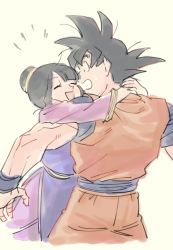Rule 34 | 1boy, 1girl, :d, ^^^, ^ ^, absurdres, arms around neck, arms at sides, black eyes, black hair, blunt bangs, chi-chi (dragon ball), china dress, chinese clothes, closed eyes, couple, d:, dougi, dragon ball, dragonball z, dress, eyelashes, fingernails, from behind, hair bun, hetero, highres, hime cut, hpoono (0159), hug, long sleeves, open mouth, profile, purple dress, sidelocks, simple background, single hair bun, smile, son goku, spiked hair, standing, surprised, upper body, white background, wide-eyed, wristband