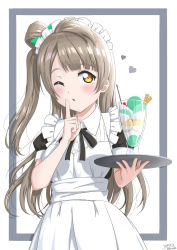 Rule 34 | 1girl, akiueake, apron, artist name, artist request, black ribbon, blush, bow, brown eyes, brown hair, cafe maid (love live!), dress, female focus, frilled apron, frills, green bow, hair bow, highres, holding, holding plate, light brown hair, long hair, looking at viewer, love live!, love live! school idol festival, love live! school idol project, maid, maid apron, maid headdress, minami kotori, neck ribbon, necktie, one eye closed, plate, ribbon, short sleeves, smile, solo, yellow eyes