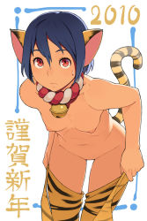 Rule 34 | 10s, 1girl, 2010, animal ears, animal print, bell, black hair, dressing, face, flat chest, go robots, leaning forward, new year, nude, original, short hair, solo, sweatdrop, tiger ears, tiger print, undressing