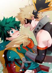 Rule 34 | 2boys, alternate eye color, angry, aqua eyes, bakugou katsuki, bare shoulders, belt, belt pouch, black mask, black tank top, blonde hair, blurry, blush, bodysuit, boku no hero academia, buckle, cape, cape grab, clothes grab, curly hair, depth of field, dutch angle, eye contact, eye mask, eyes visible through hair, face-to-face, falling petals, floating cape, freckles, from side, gloves, gradient background, green background, green bodysuit, green gloves, green hair, hand up, hands up, headgear, highres, looking at another, male focus, midoriya izuku, multiple boys, non-circular lens flare, nose blush, open mouth, orange gloves, parted lips, petals, pouch, profile, red belt, red eyes, sad, sanpaku, seoltang (nitro sugar), short hair, sideways mouth, sleeveless, snap-fit buckle, spiked hair, spoilers, tank top, tearing up, teeth, torn clothes, torn sleeve, twitter username, two-tone gloves, upper body, upper teeth only, veins, wavy eyes, white background, white gloves, wrist guards, yellow bag, yellow cape