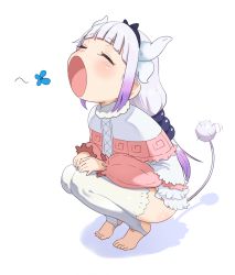Rule 34 | 1girl, absurdres, black hairband, blunt bangs, blush, bug, butterfly, capelet, chagama teishoku, child, closed eyes, dress, eating, feet, female focus, flat chest, frilled dress, frilled sleeves, frills, from side, full body, fur-trimmed capelet, fur trim, gradient hair, hair ornament, hairband, hands on own knees, highres, horns, insect, kanna kamui, kobayashi-san chi no maidragon, legs together, long hair, long sleeves, motion lines, multicolored hair, open mouth, own hands together, pink capelet, pink dress, purple hair, shiny skin, sidelocks, simple background, solo, squatting, stirrup legwear, tail, thighhighs, toeless legwear, two-tone hair, white background, white hair, white horns, white thighhighs, zettai ryouiki