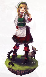 Rule 34 | 1girl, apron, bad id, bad pixiv id, bandana, blonde hair, blue eyes, boots, braid, cano, dog, gears, grass, hand on own hip, hip focus, key, long hair, open mouth, original, pantyhose, plaid, robot, smile, solo, standing, twin braids