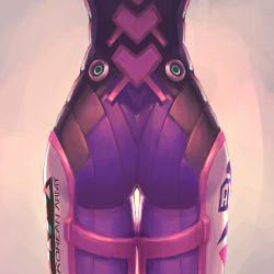 Rule 34 | 1girl, absurdres, ass, ass focus, bodysuit, close-up, clothes writing, cowboy shot, d.va (overwatch), english text, highres, overwatch, overwatch 1, pilot suit, ribbed bodysuit, s3eye, simple background, skin tight, solo, standing, thigh gap, waist down