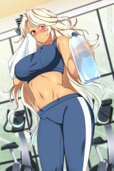 Rule 34 | 1girl, azur lane, blonde hair, blue pants, blue sports bra, blush, bottle, bow, breasts, brooklyn (azur lane), covered erect nipples, eyes visible through hair, gym, hair bow, holding, holding bottle, holding towel, large breasts, lindaroze, long hair, looking at viewer, navel, pants, red eyes, solo, sports bra, sportswear, stomach, sweat, tan, tight clothes, tight pants, towel, water bottle, wiping face, yoga pants